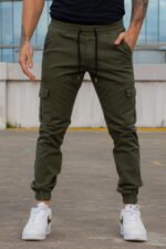 Pantalón Jogger Cargo Verde Gabardina Elastizado