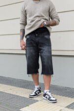 Bermuda Jean Baggy con Flecos Gris-Negro